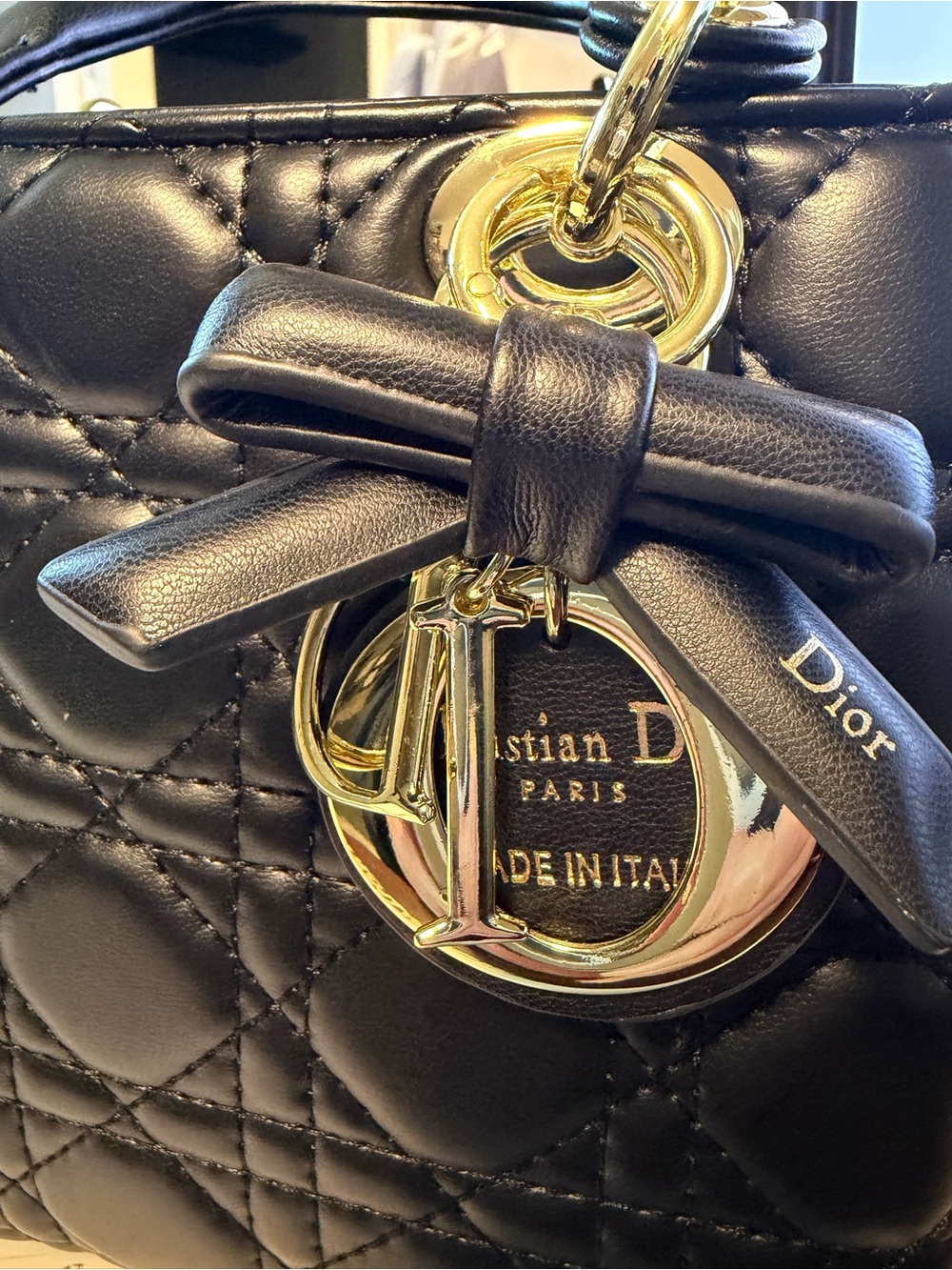 Dior Black Quilted Leather Satchel with Gold Hardware and Bow Charm